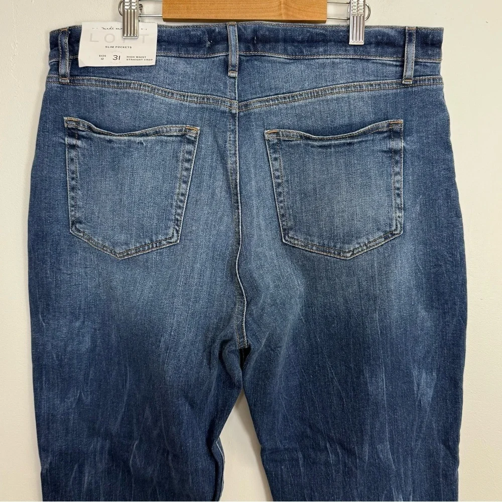 Loft Jeans Womens Size 12 31 Blue High Rise Waist Straight Crop Raw Hem NWT